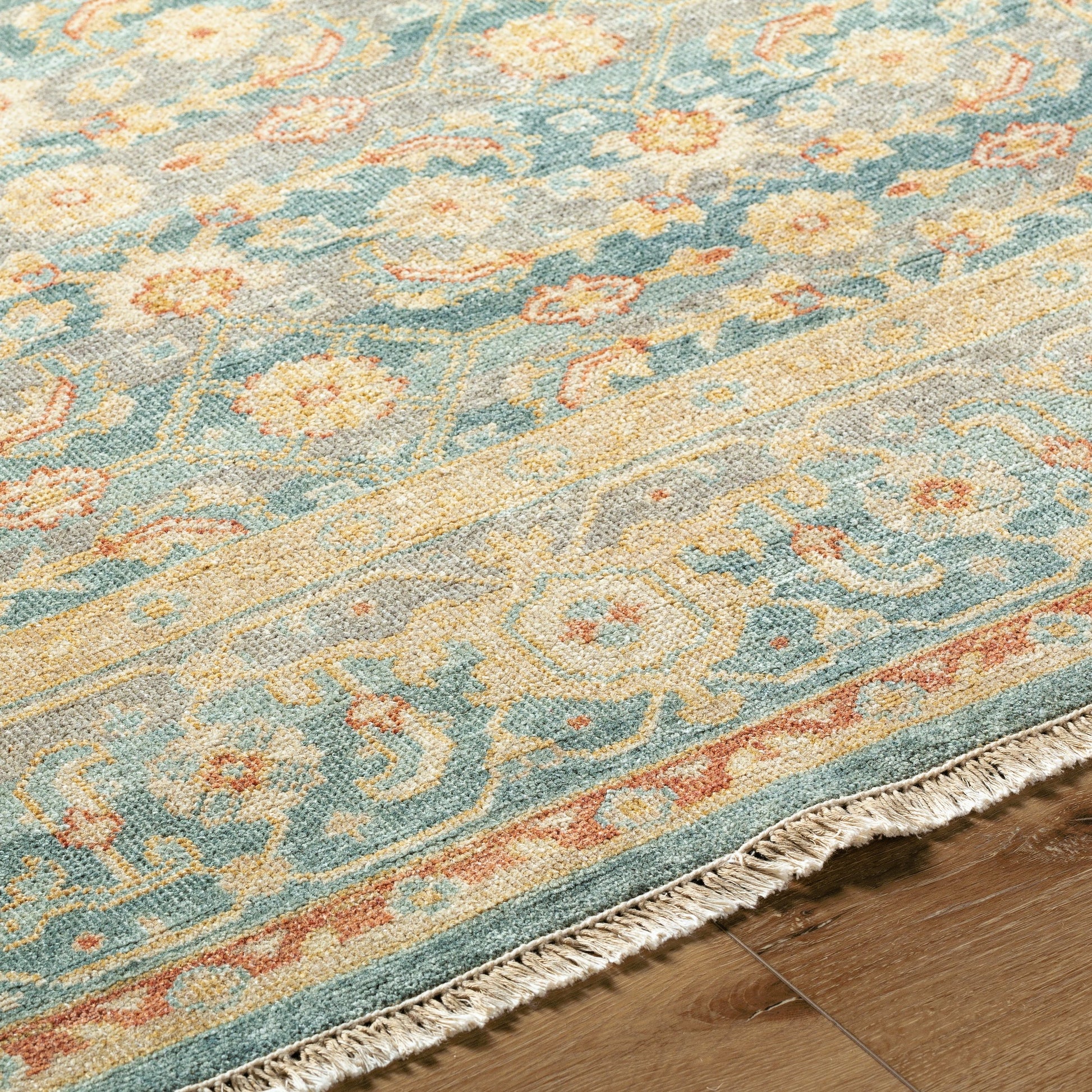 Hamadan Rug - 30390 by Surya in seafoam, rust, mustard, gray. Made from 70% wool, 30% viscose in a unique style.