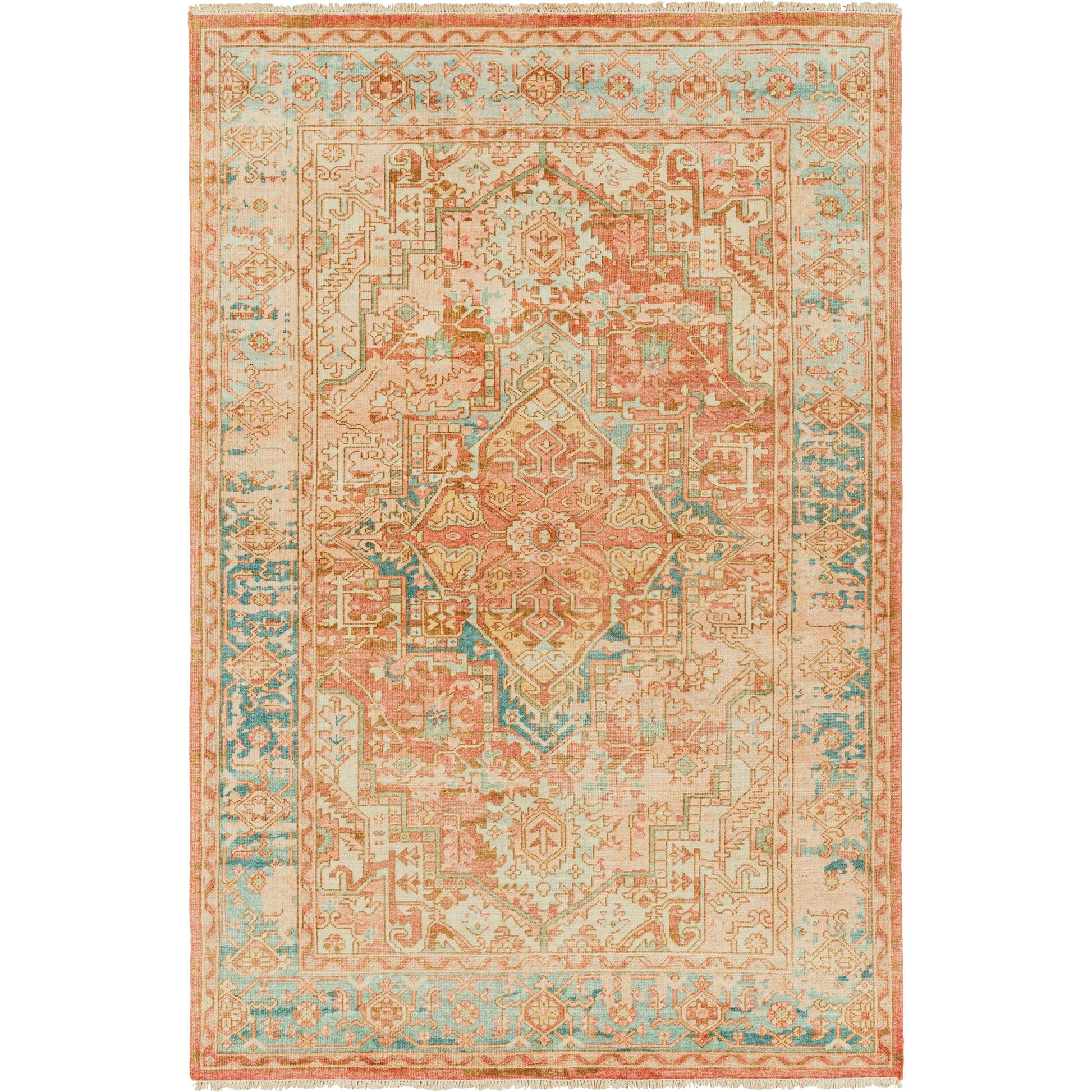 Hamadan Rug - 30391 by Surya in rust, dark blue, seafoam, saffron, light beige. Made from 70% wool, 30% viscose in a unique style.
