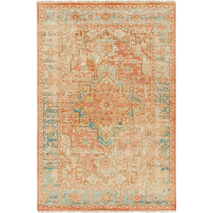 Hamadan Rug - 30391 by Surya in rust, dark blue, seafoam, saffron, light beige. Made from 70% wool, 30% viscose in a unique style.