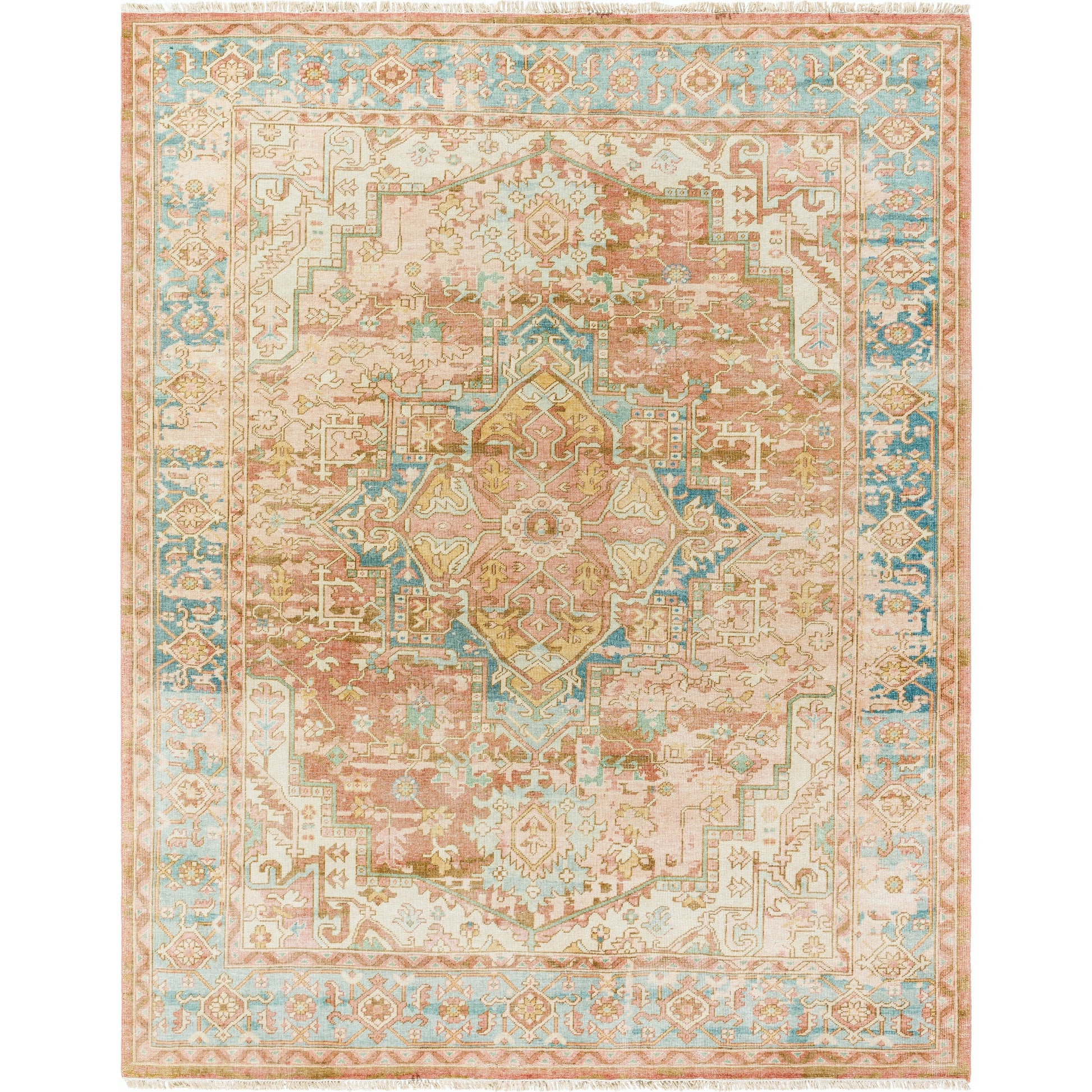 Hamadan Rug - 30391 by Surya in rust, dark blue, seafoam, saffron, light beige. Made from 70% wool, 30% viscose in a unique style.