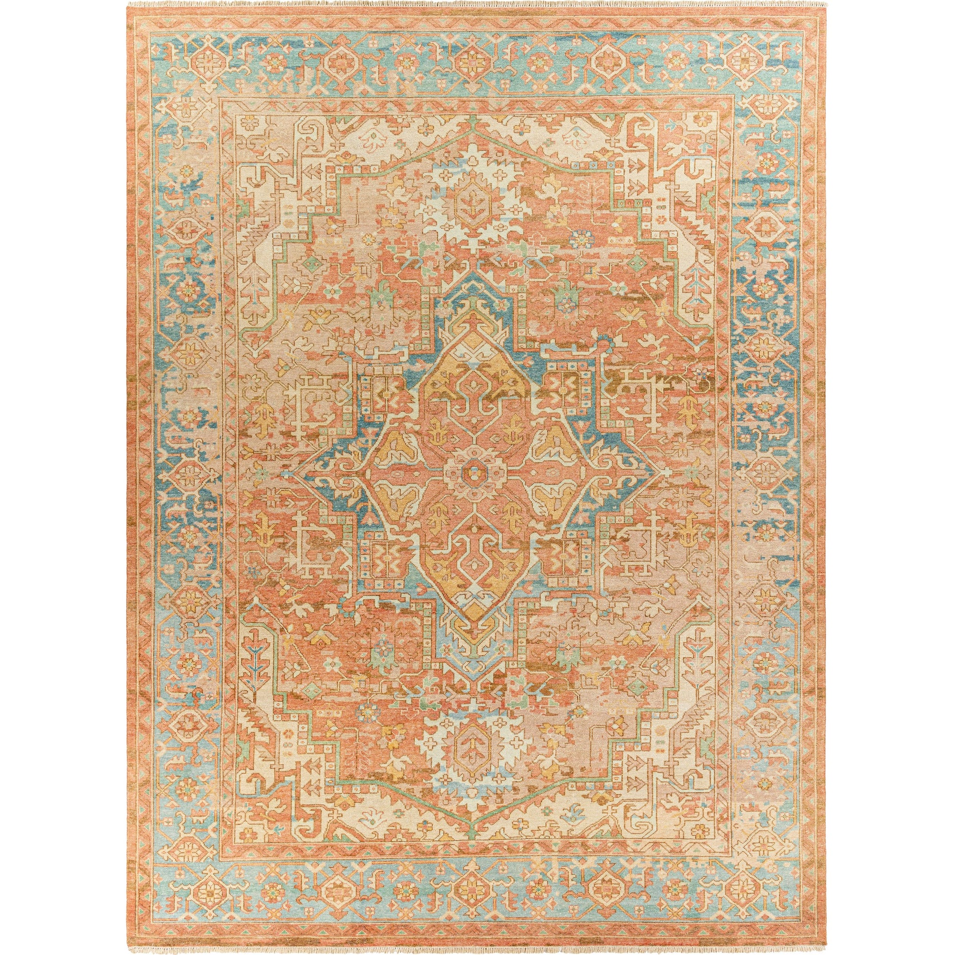 Hamadan Rug - 30391 by Surya in rust, dark blue, seafoam, saffron, light beige. Made from 70% wool, 30% viscose in a unique style.