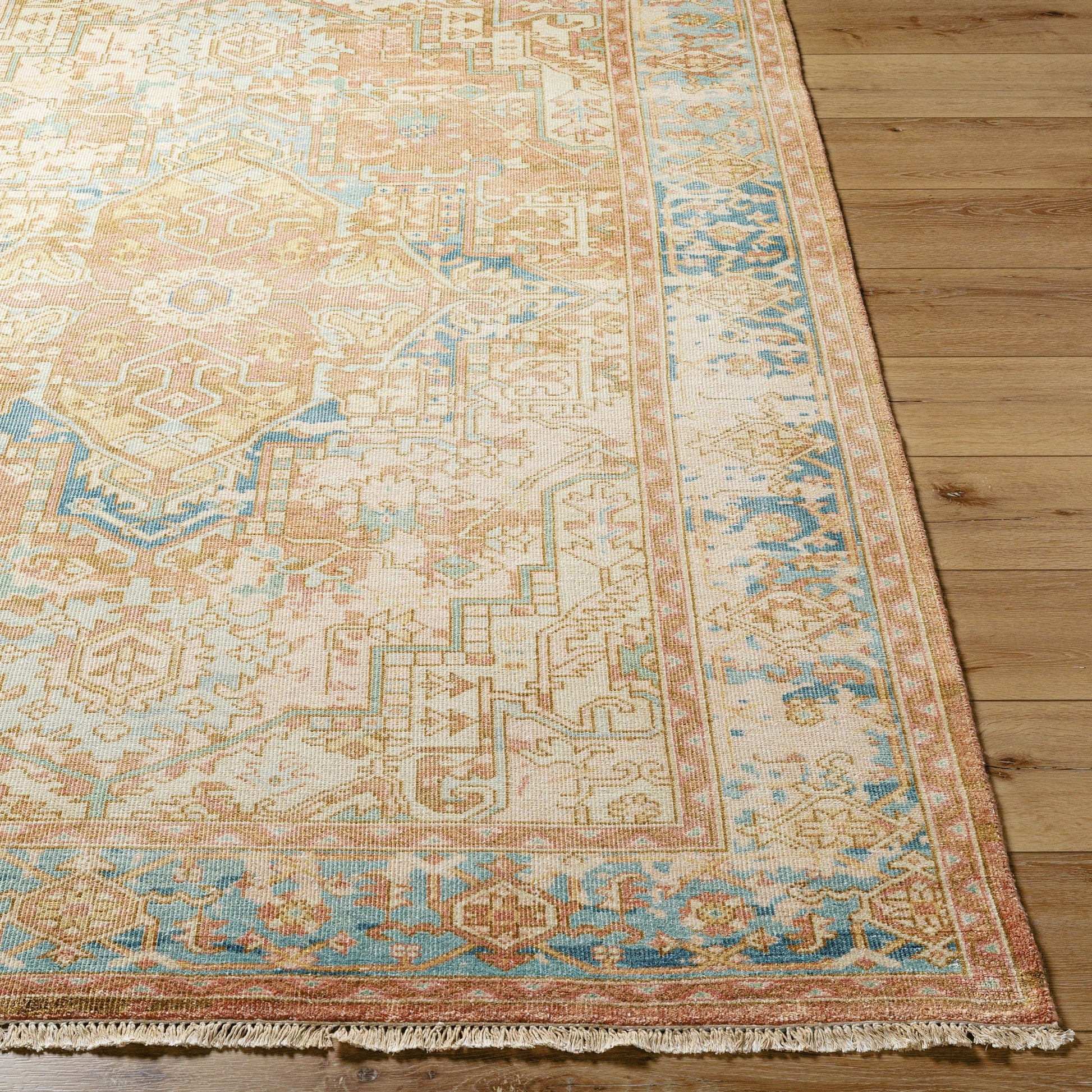 Hamadan Rug - 30391 by Surya in rust, dark blue, seafoam, saffron, light beige. Made from 70% wool, 30% viscose in a unique style.