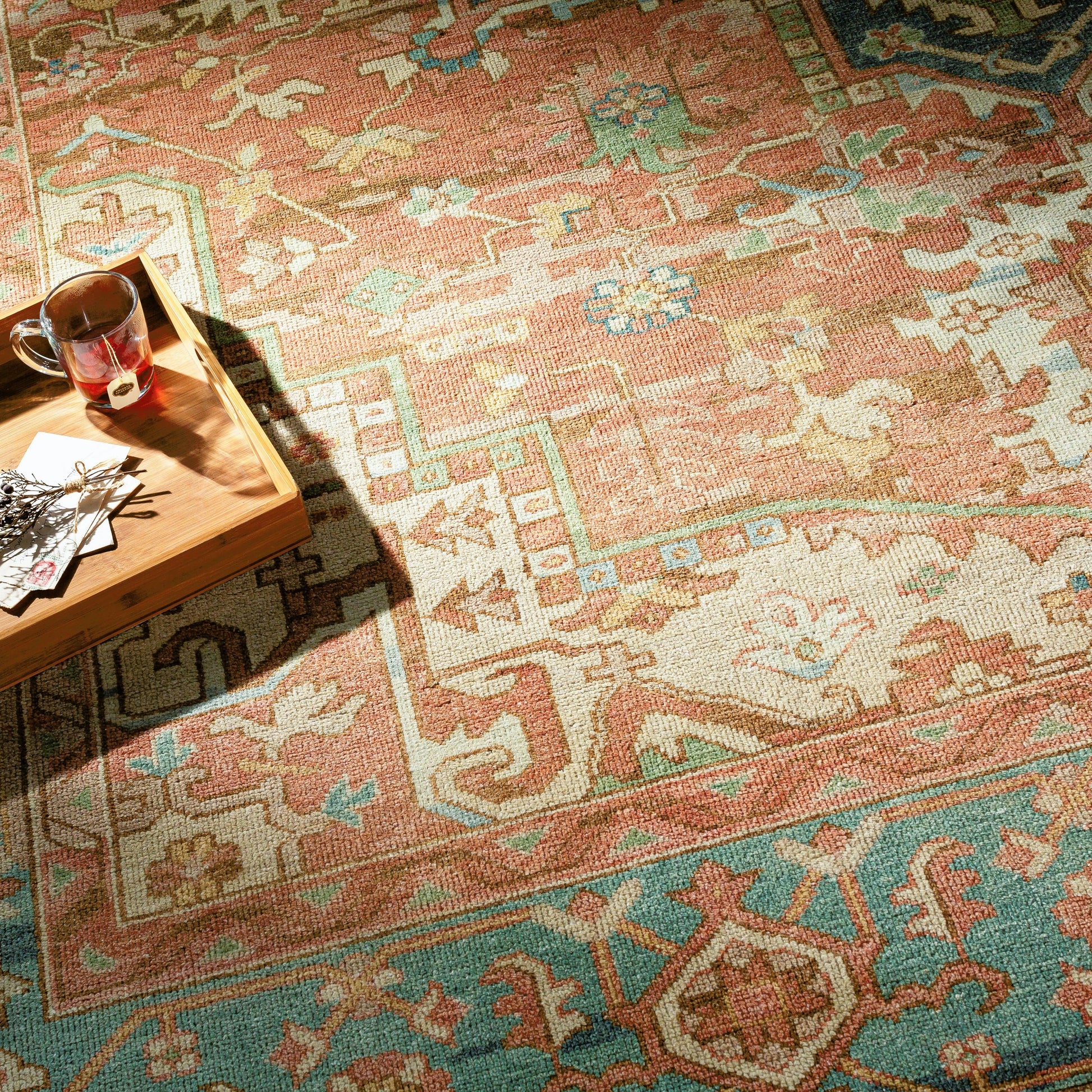 Hamadan Rug - 30391 by Surya in rust, dark blue, seafoam, saffron, light beige. Made from 70% wool, 30% viscose in a unique style.