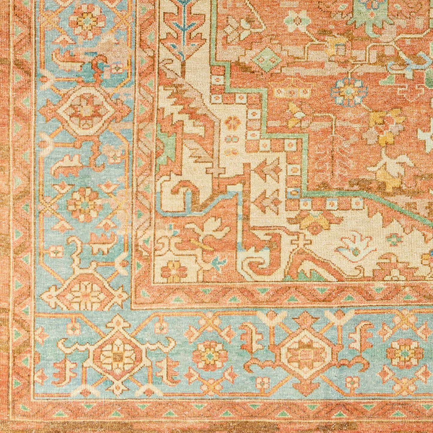 002 SI-1882318,SI-1882319,SI-1882320,SI-1882321 | Closeup | Hamadan Rug - 30391 by Surya in rust, dark blue, seafoam, saffron, light beige. Made from 70% wool, 30% viscose in a unique style.