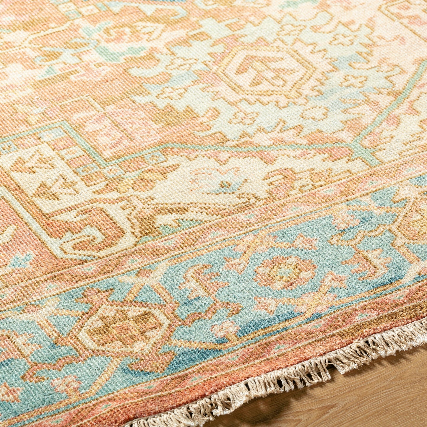 003 SI-1882318,SI-1882319,SI-1882320,SI-1882321 | Closeup | Hamadan Rug - 30391 by Surya in rust, dark blue, seafoam, saffron, light beige. Made from 70% wool, 30% viscose in a unique style.