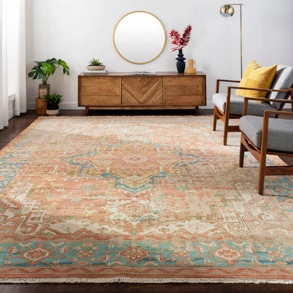 Hamadan Rug - 30391 by Surya in rust, dark blue, seafoam, saffron, light beige. Made from 70% wool, 30% viscose in a unique style.