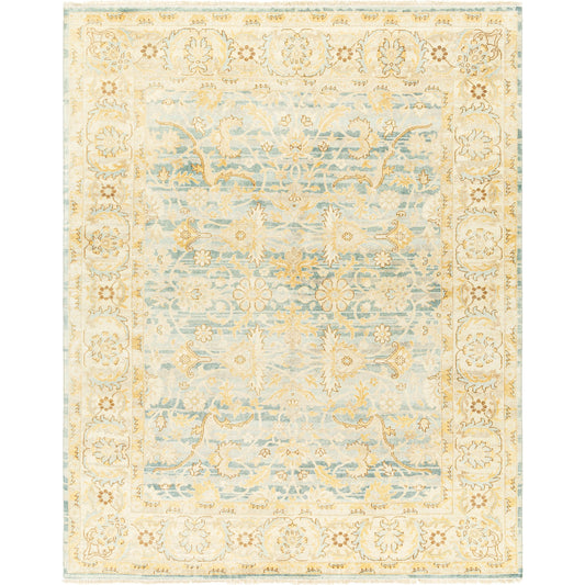 Hamadan HAM-2305 Rug by Surya in beige, teal, pale blue, mustard, brown. Made from main: 70% wool, main: 30% viscose in a unique style.