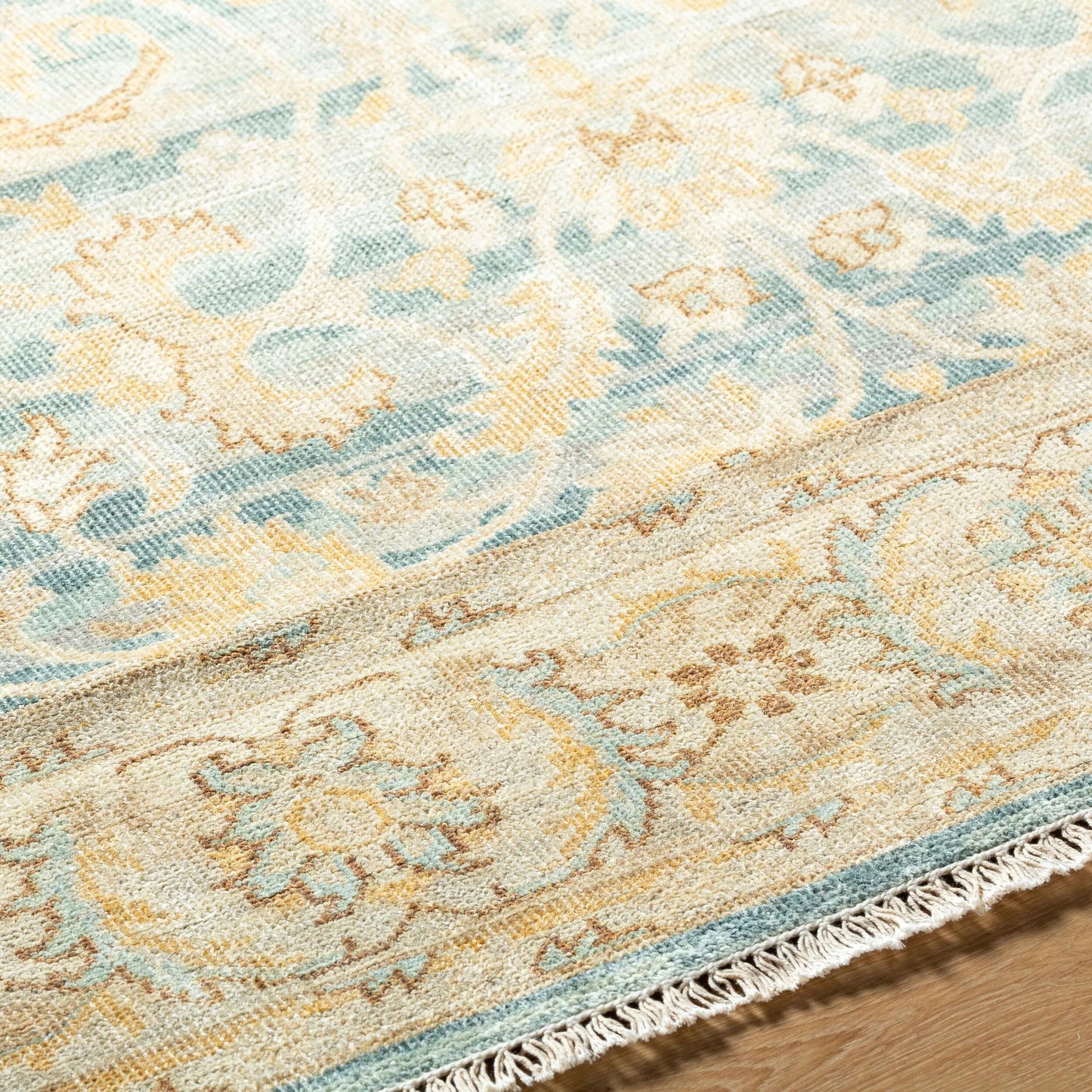 004 SI-1917543,SI-1917544,SI-1917545,SI-1917546,SI-1917547 | Closeup | Hamadan Rug - 31441 by Surya in beige, teal, pale blue, mustard, brown. Made from main: 70% wool, main: 30% viscose in a unique style.