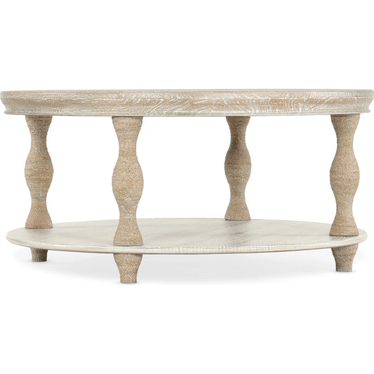 Serenity Bahari Round Cocktail Table by Hooker Furniture in surf. Made from oak veneers, rope in a cottage & farmhouse style.