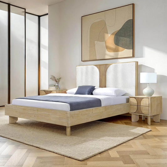 Haru Bed by LH Imports in beige, white boucle and sand wash. Made from acacia, 95% polyester, 5% acrylic in a transitional style.