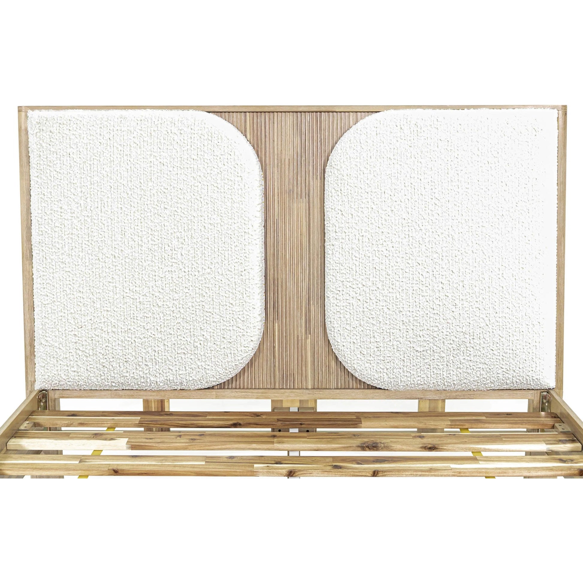 Haru Bed by LH Imports in beige, white boucle and sand wash. Made from acacia, 95% polyester, 5% acrylic in a unique style.