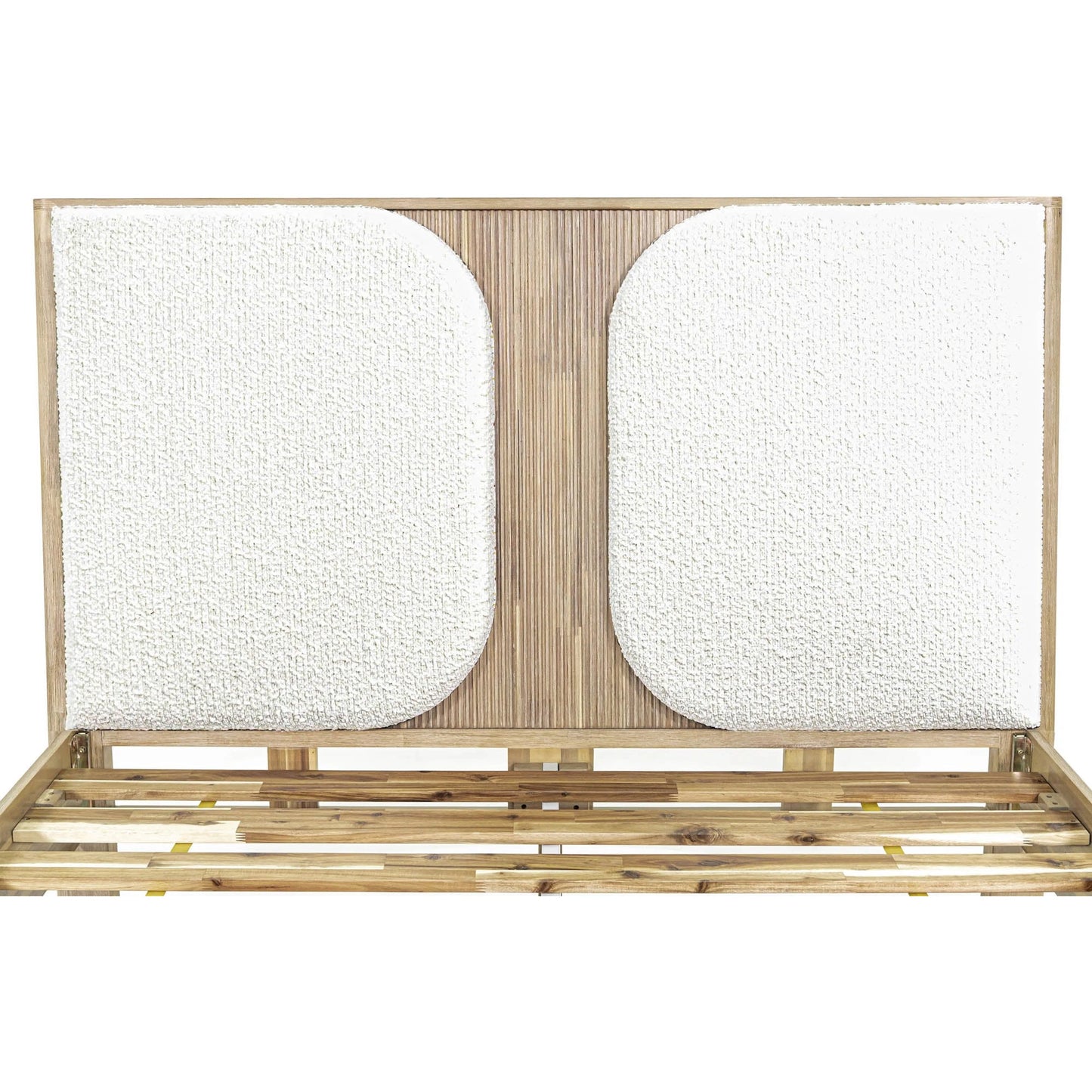 005 SI-2325062 | Closeup | Haru Bed by LH Imports in beige, white boucle and sand wash. Made from acacia, 95% polyester, 5% acrylic in a transitional style.