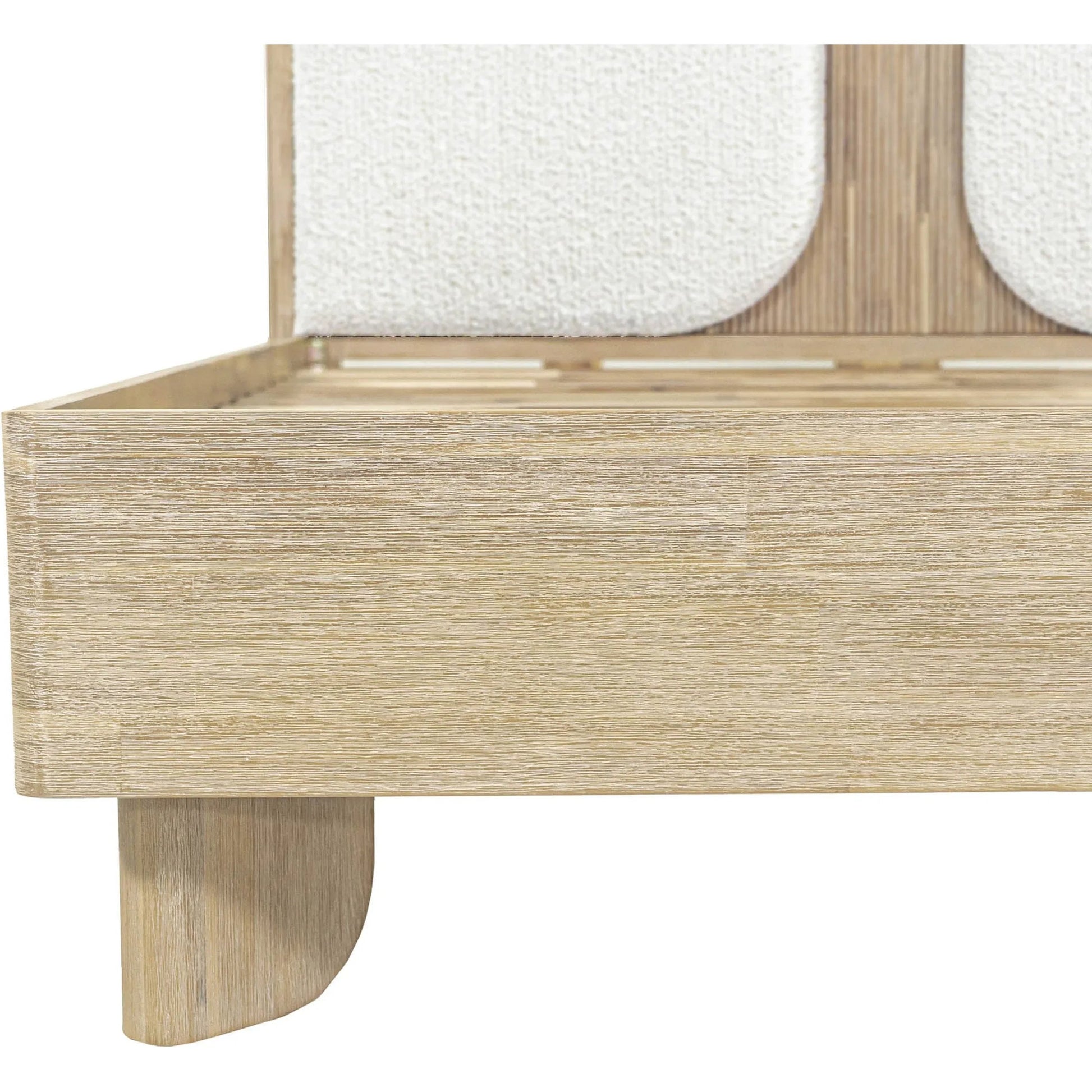 Haru Bed by LH Imports in beige, white boucle and sand wash. Made from acacia, 95% polyester, 5% acrylic in a unique style.