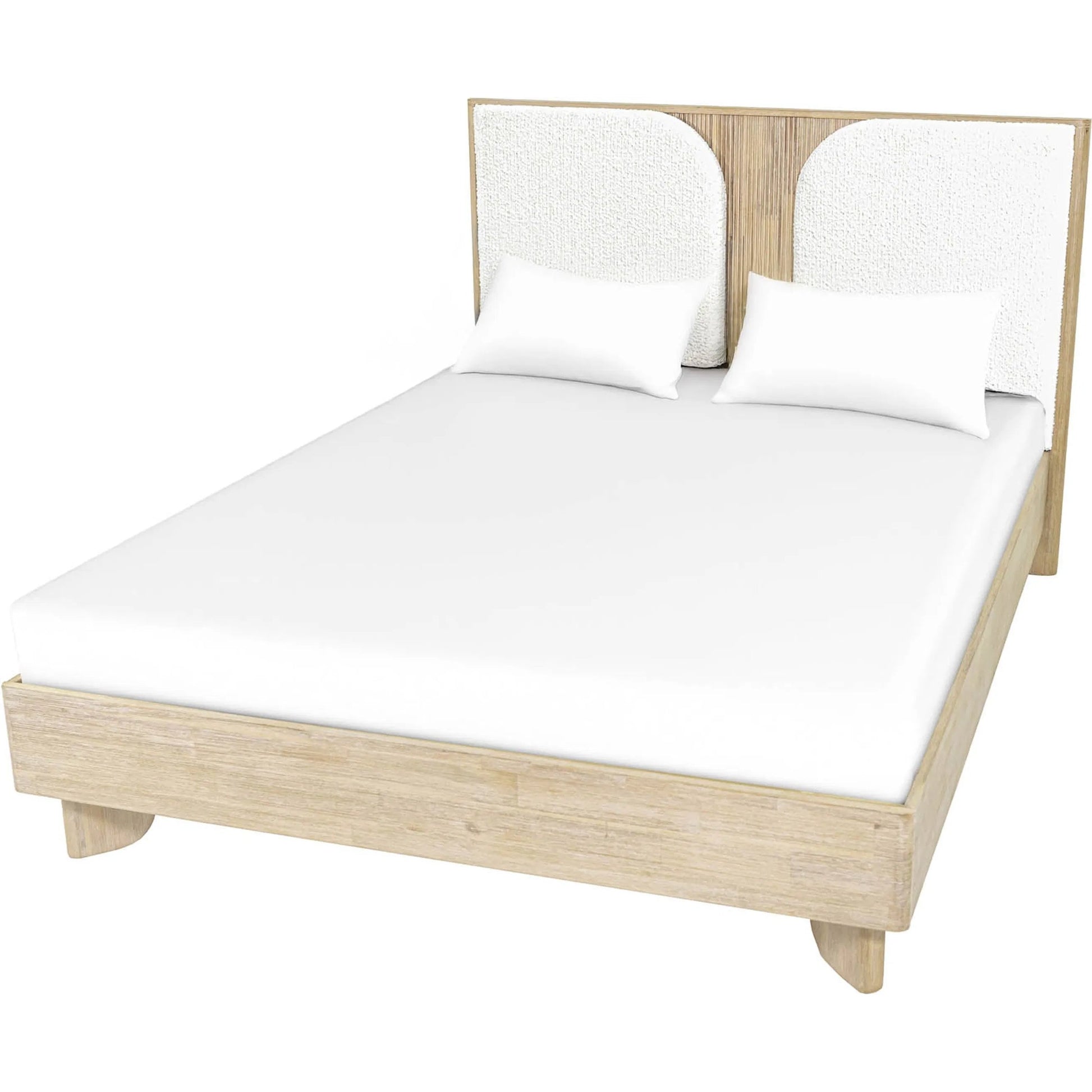 Haru Bed by LH Imports in beige, white boucle and sand wash. Made from acacia, 95% polyester, 5% acrylic in a transitional style.
