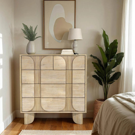 Haru 5-Drawer Chest by LH Imports in beige and sand wash. Made from acacia, acacia veneer, mdf in a transitional style.