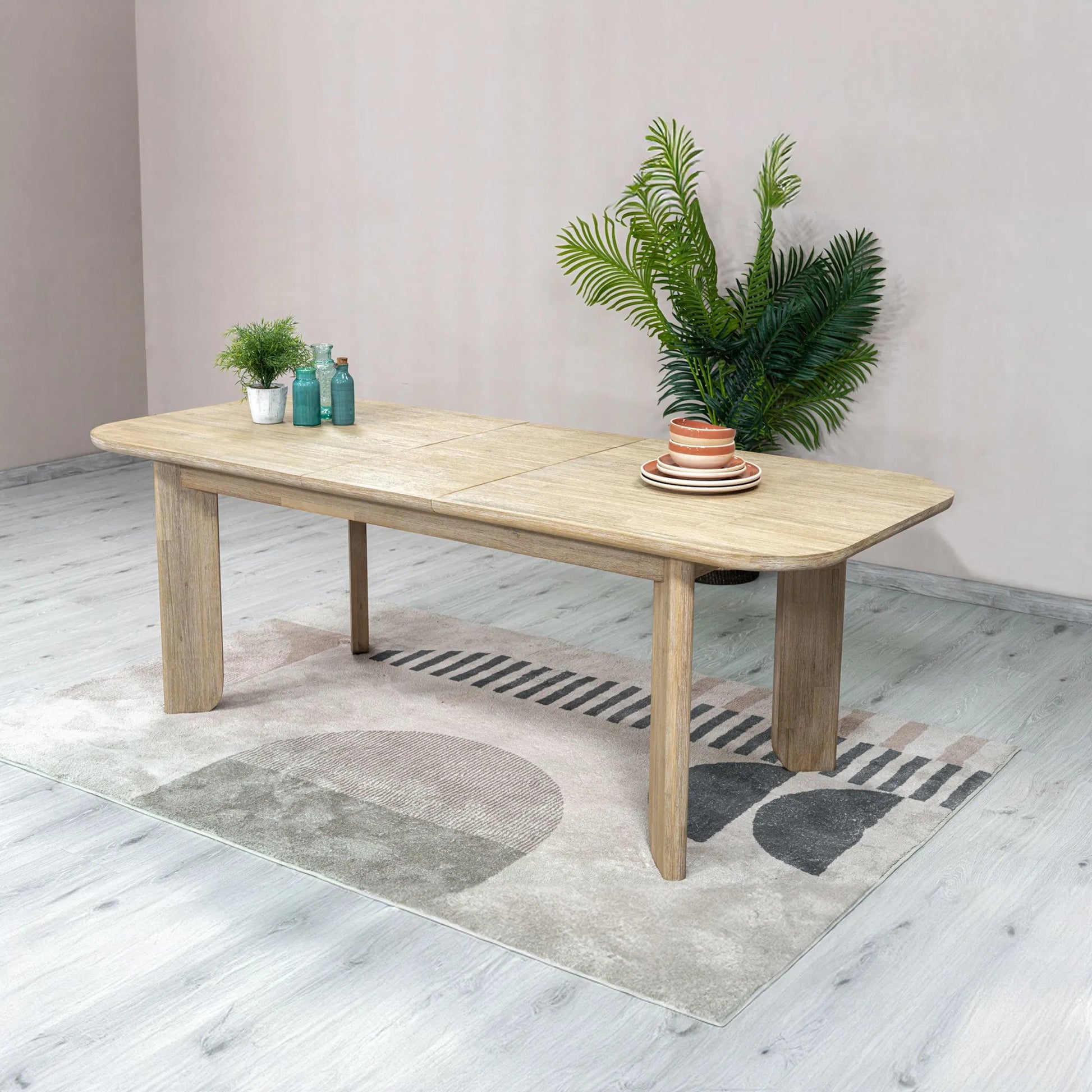 Haru Extension Dining Table (70"/102") by LH Imports in beige and sand wash. Made from acacia in a unique style.