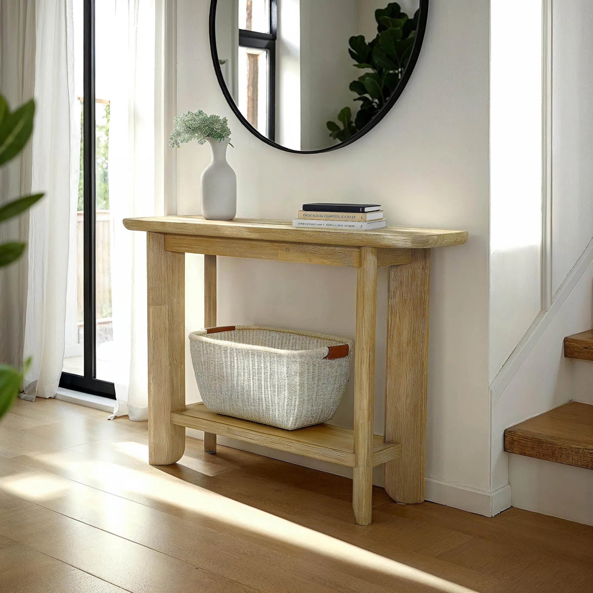 Haru Console by LH Imports in beige and sand wash. Made from acacia in a transitional style.