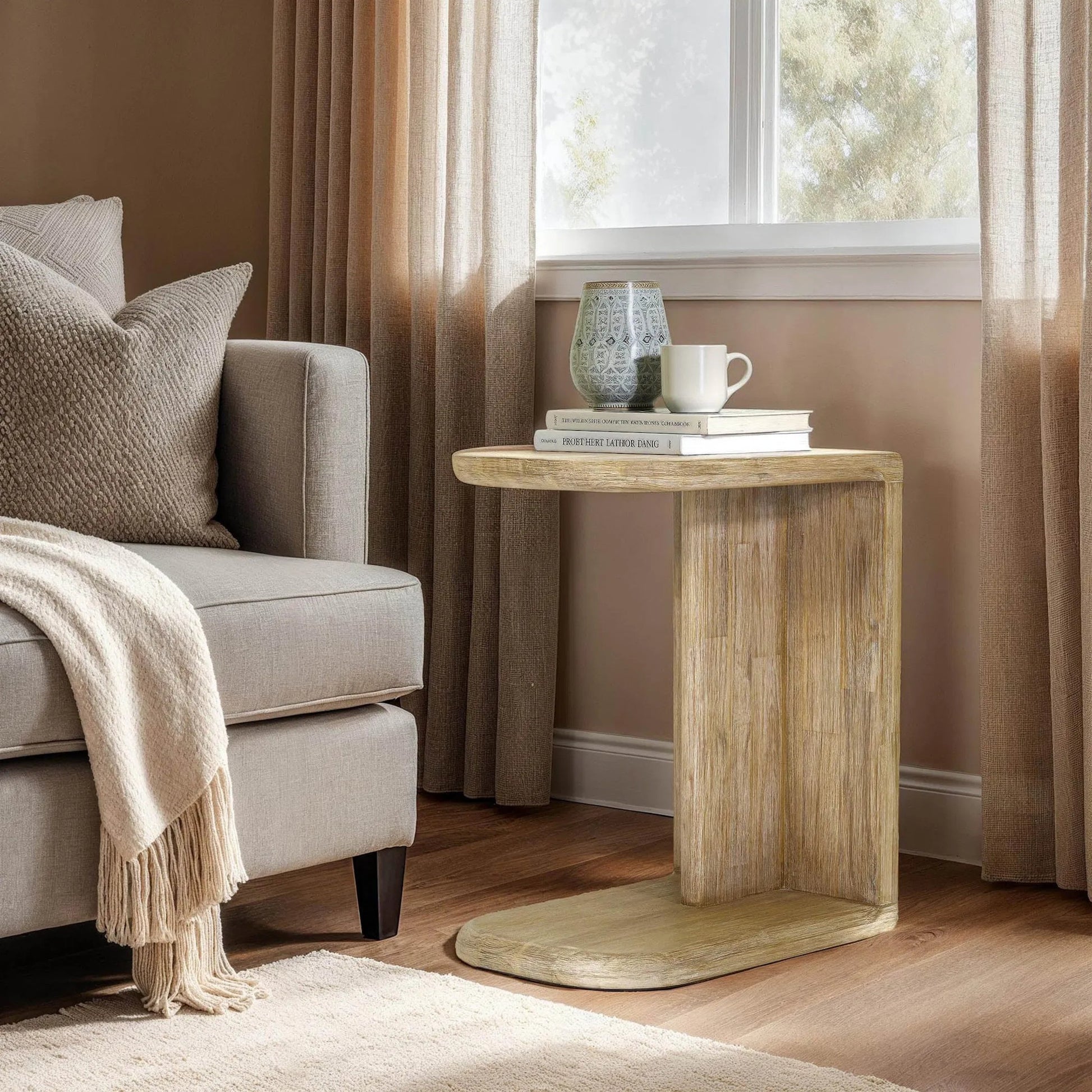 Haru C-Shaped Side Table by LH Imports in beige and sand wash. Made from acacia in a transitional style.