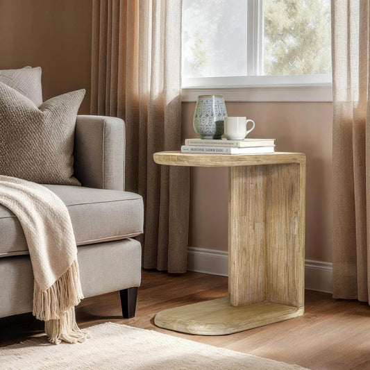 Haru C-Shaped Side Table by LH Imports in beige and sand wash. Made from acacia in a transitional style.