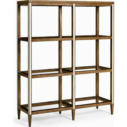 Jacques Etagere by Jonathan Charles in brown and medium brown mahogany. Made from mahogany, walnut burl veneer, faux bone in a modern style.