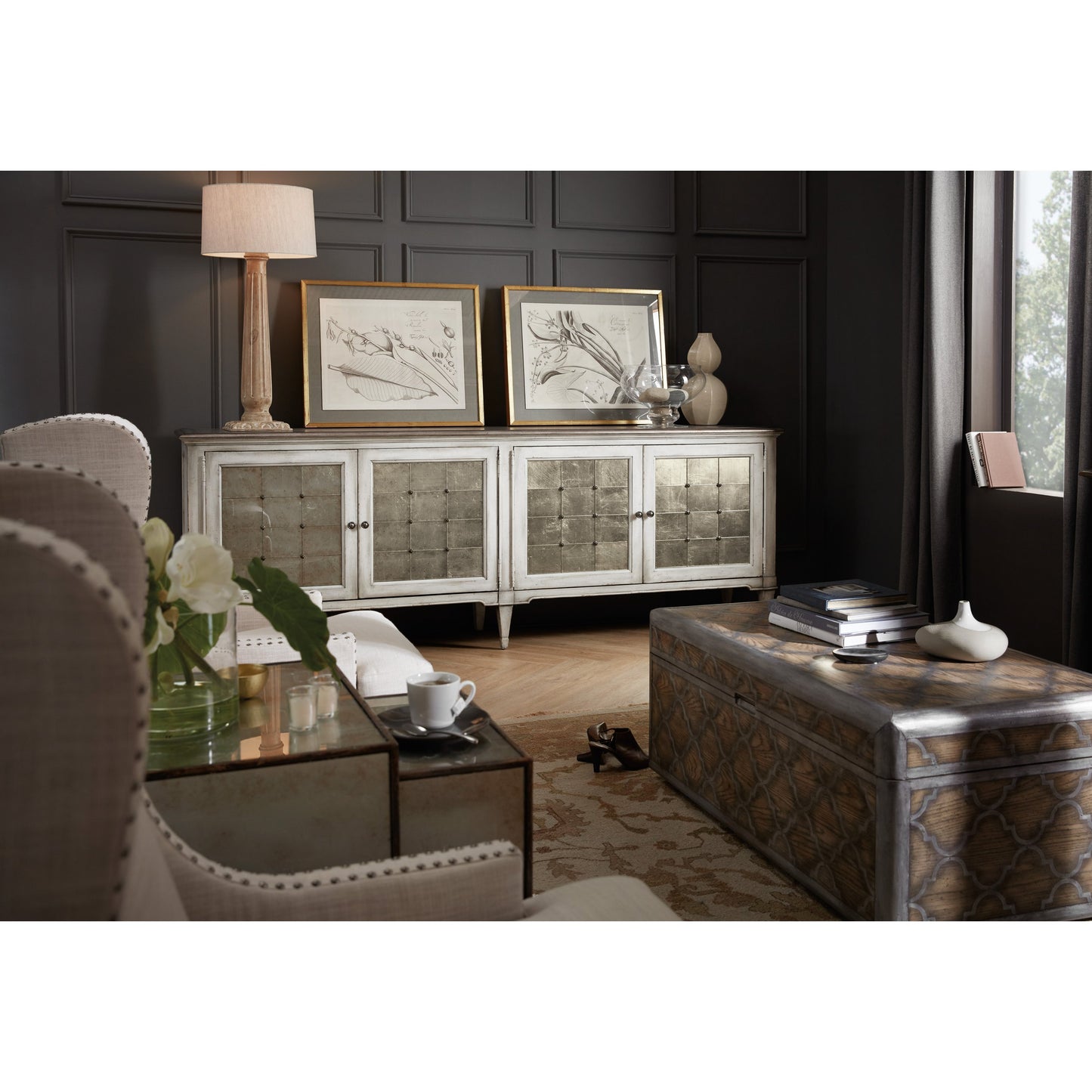 003 SI-1748294 | Lifestyle | Arabella Four Door Credenza by Hooker Furniture in white. Made from maple veneers, eglomise with aluminum, metal buttons, nails in a cottage & farmhouse style.