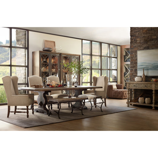 Bandera Dining Table by Hooker Furniture in saddle brown, anthracite black. Made from white oak, walnut veneers with resin in a traditional style.