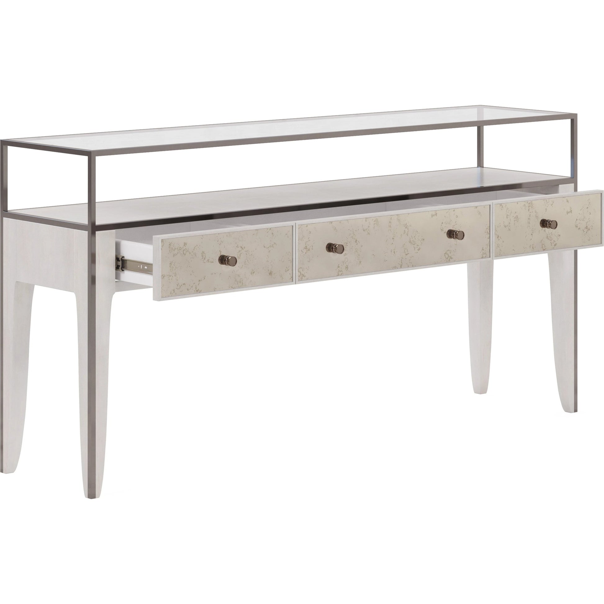 Mezzanine Console Table by A.R.T. Furniture in dove gray. Made from parawood, poplar solids, maple veneer, mirror, glass, steel in a modern style.