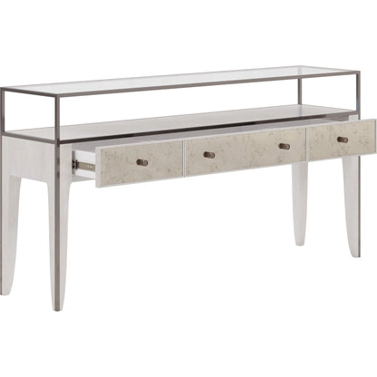 Mezzanine Console Table by A.R.T. Furniture in dove gray. Made from parawood, poplar solids, maple veneer, mirror, glass, steel in a modern style.