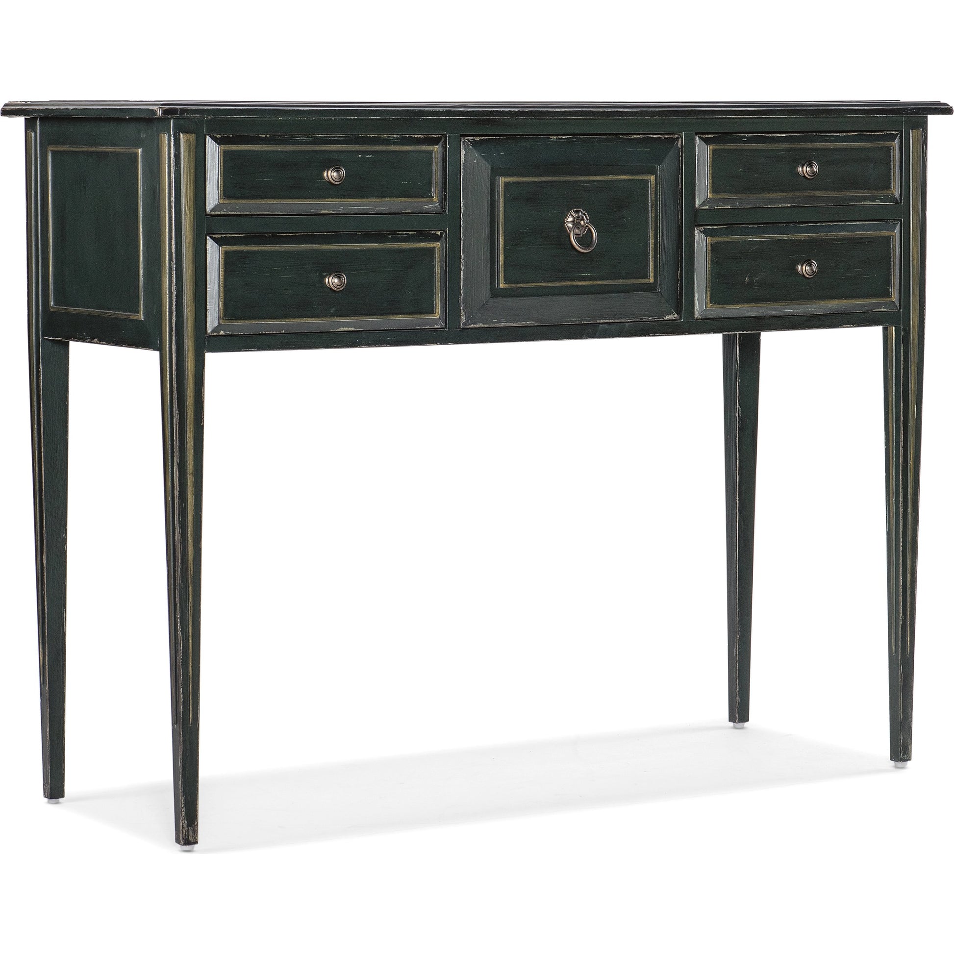 Charleston Five-Drawer Console Table by Hooker Furniture in charleston green. Made from maple veneers in a transitional style.