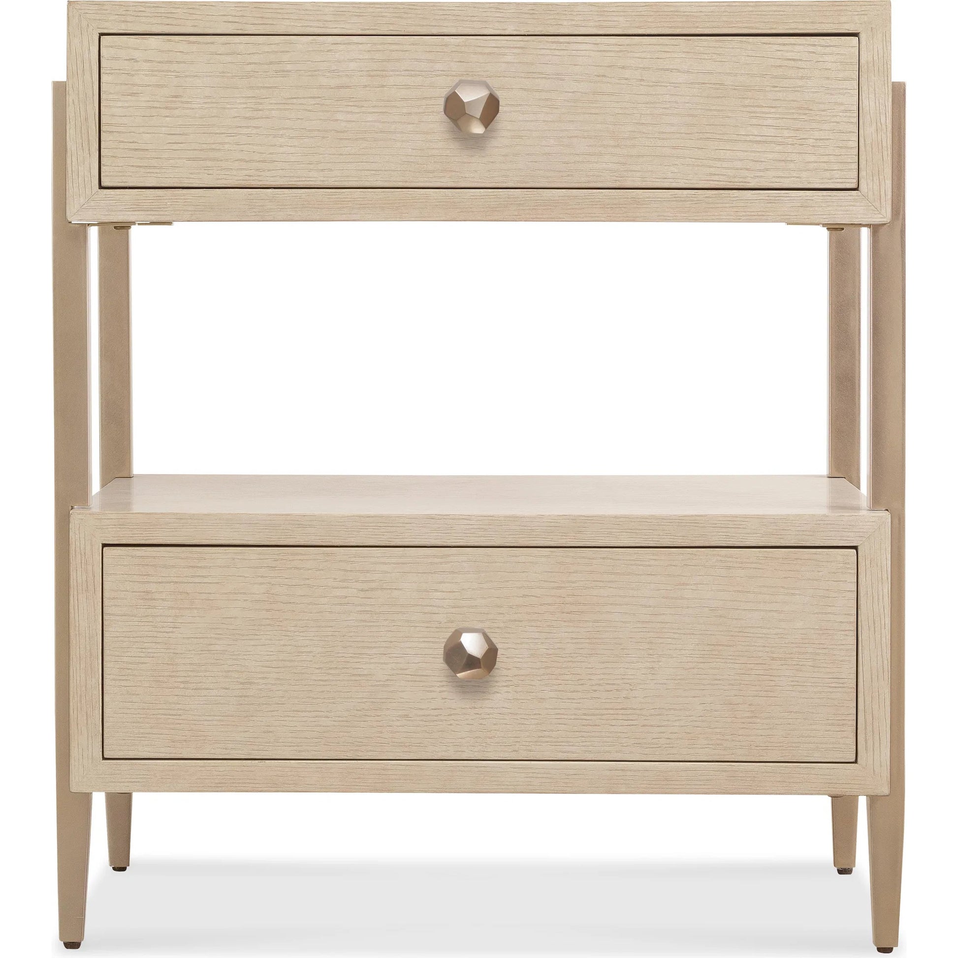 Westwood Two-Drawer Nightstand by Hooker Furniture in light wood and polished limestone. Made from oak veneers, metal in a transitional style.