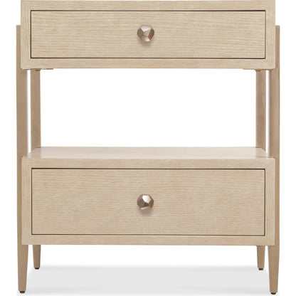 Westwood Two-Drawer Nightstand by Hooker Furniture in light wood and polished limestone. Made from oak veneers, metal in a transitional style.