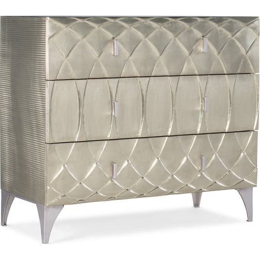 Melange Mathilda Three Drawer Chest by Hooker Furniture in silver. Made from german silver foil with mango wood in a transitional style.