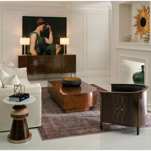 Rook Round Accent Table by Jonathan Charles in brown and mingle mangle, carrera marble. Made from marble, stainless steel, veneers: walnut burl, cerajeira, ebony, maple, chestnut, eucalyptus in a modern style.