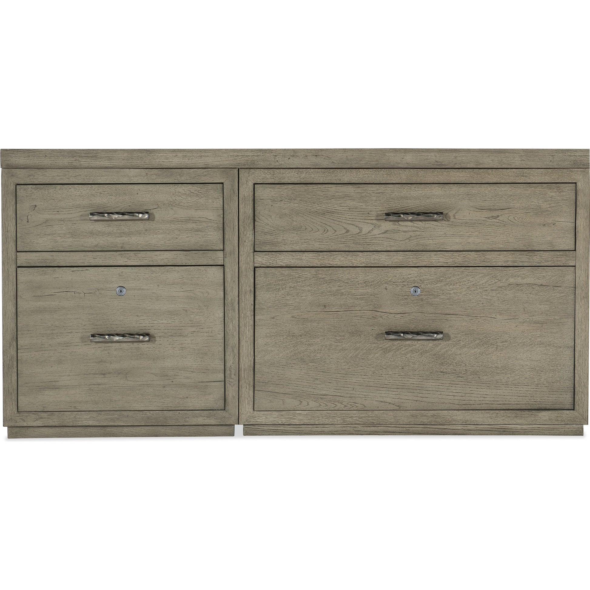 Linville Falls Credenza with Small File and Lateral File by Hooker Furniture in mink, antique pewter. Made from oak veneers in a modern style.