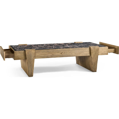 Echo Canyon Marble Rectangular Cocktail Table by Jonathan Charles in faded oak. Made from oak veneer in a cottage & farmhouse style.