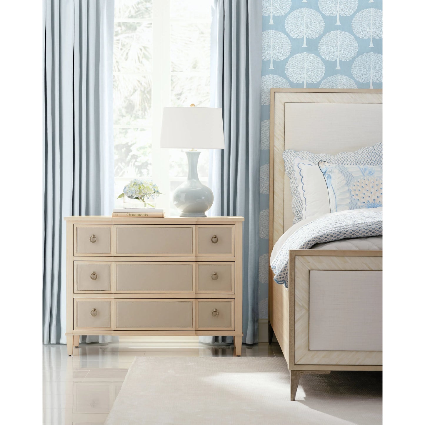008 SI-2186241 | Lifestyle | Water Tideline Bone & Linen King Upholstered Bed by Jonathan Charles in dyed koto. Made from dyed koto veneer, faux bone, metal, foam, fabric in a modern style.