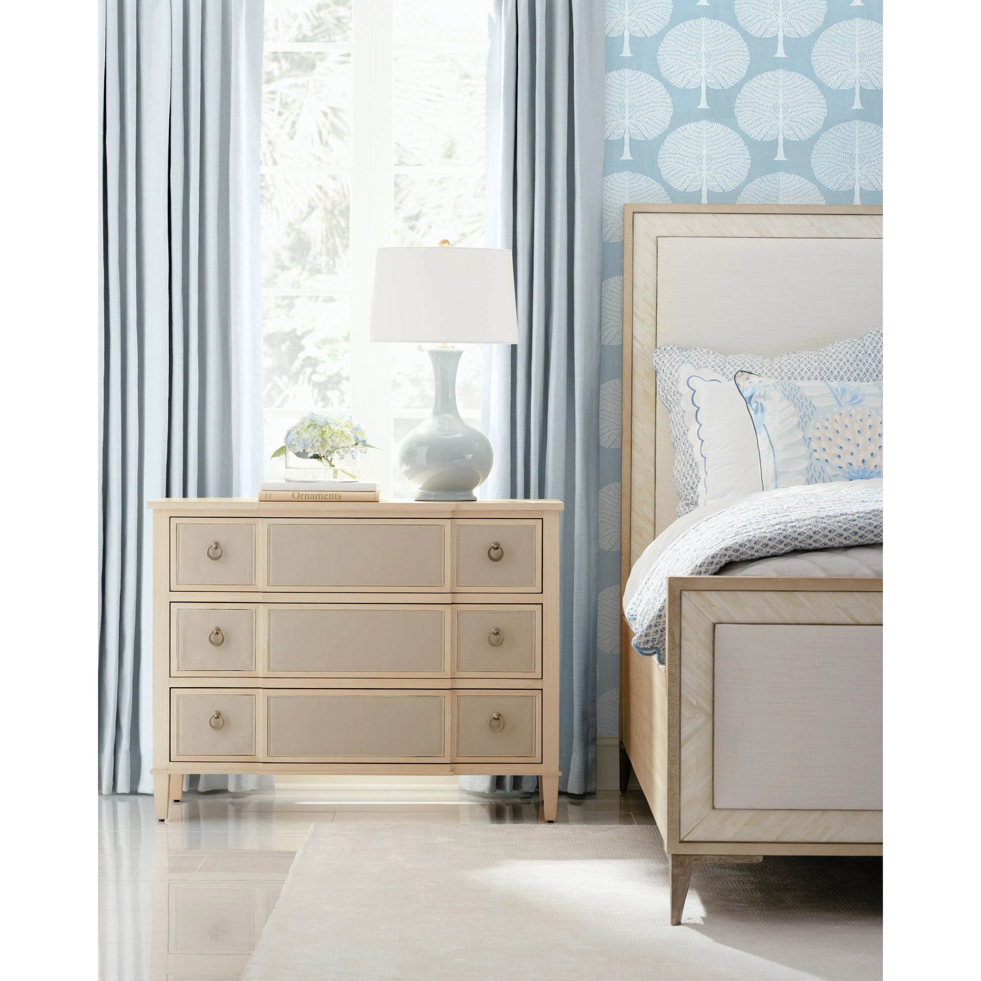 Water Tideline Bone & Linen King Upholstered Bed by Jonathan Charles in dyed koto. Made from dyed koto veneer, faux bone, metal, foam, fabric in a modern style.