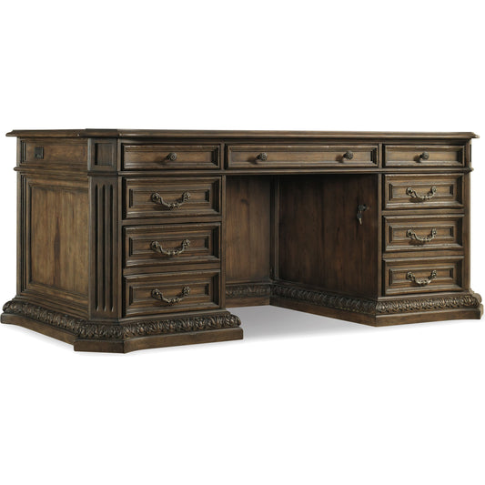 Rhapsody Executive Desk by Hooker Furniture in rustic walnut. Made from pecan, hickory, ash, black walnut, maple veneers with resin, high quality bonded leather in a unique style.