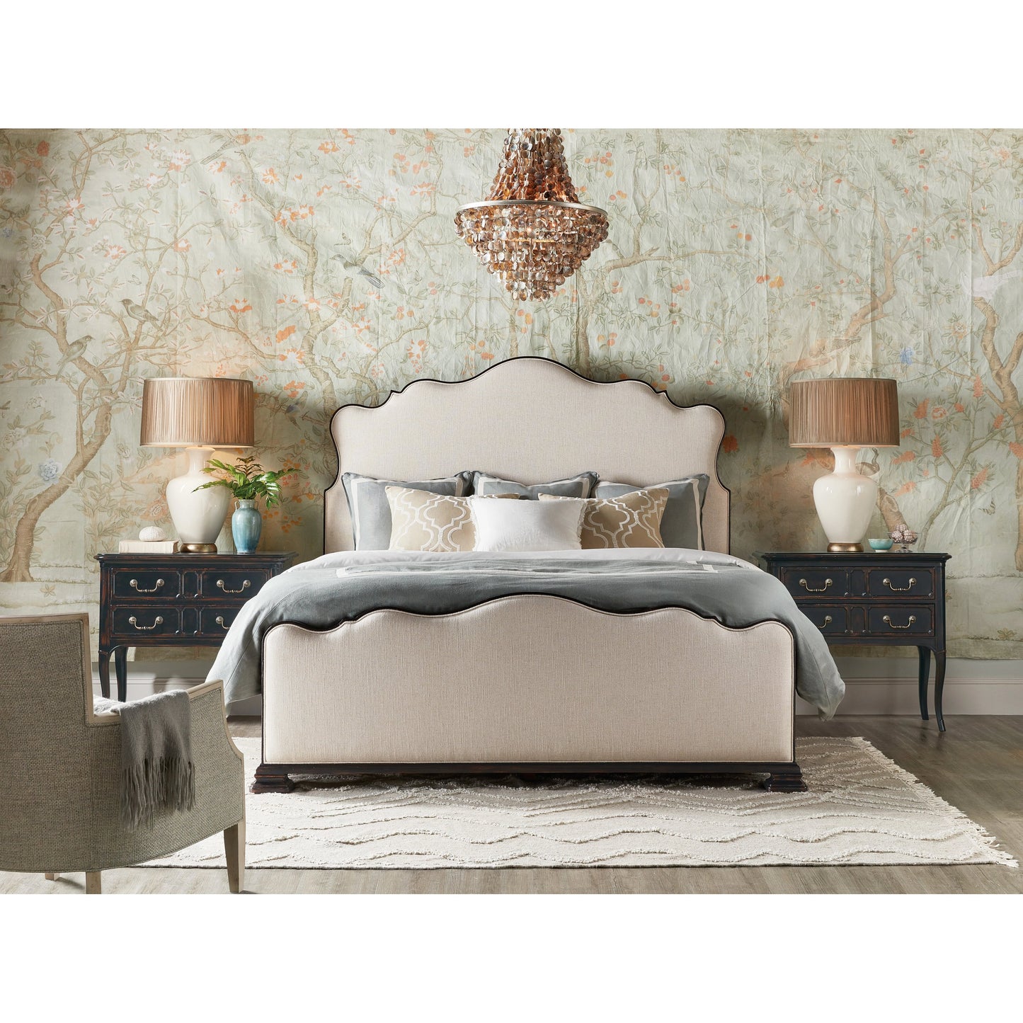 005 SI-2029048,SI-2029049 | Lifestyle | Charleston Upholstered Bed by Hooker Furniture in chateau linen and black cherry. Made from cherry veneers, fabric in a transitional style.