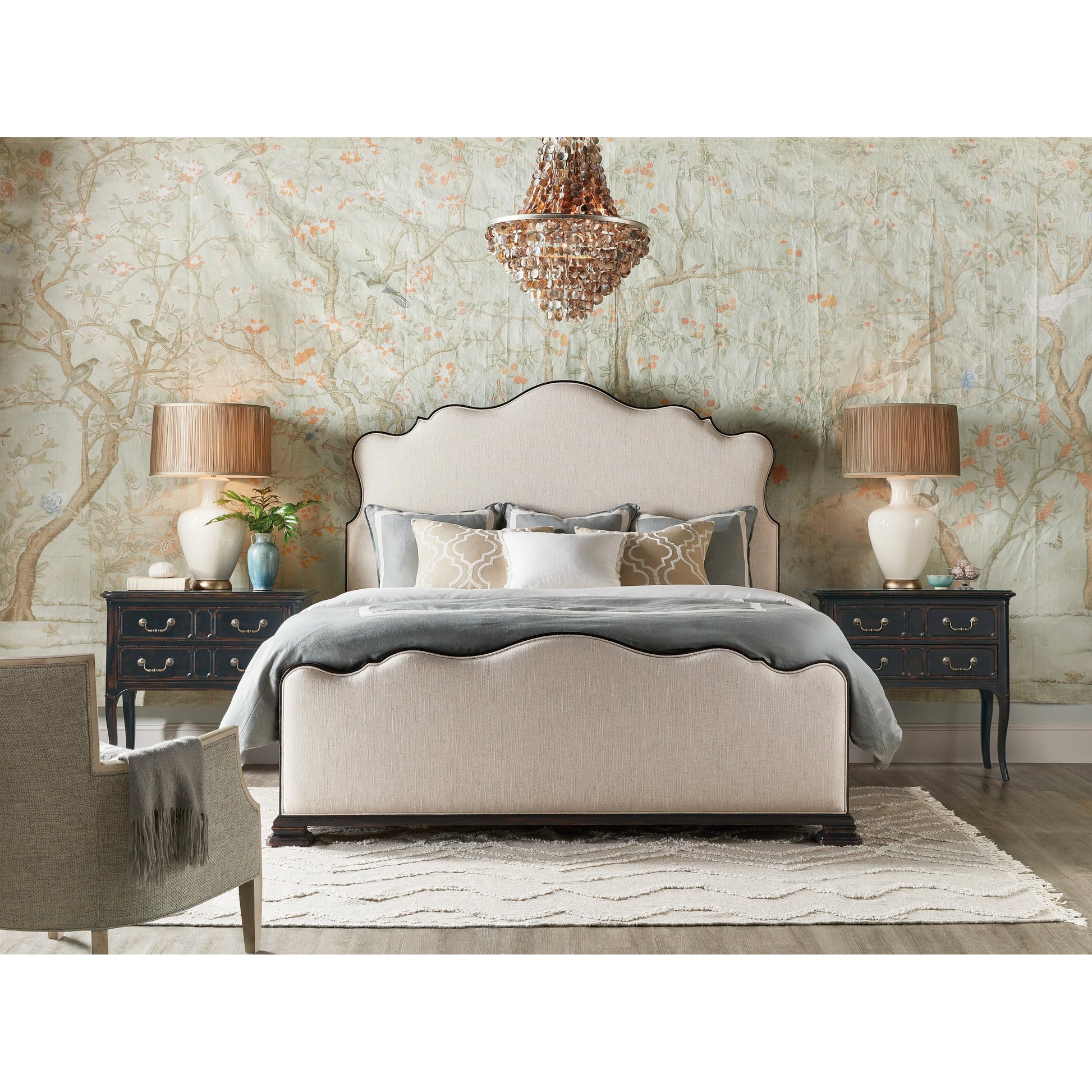 Charleston Upholstered Bed by Hooker Furniture in chateau linen and black cherry. Made from cherry veneers, fabric in a transitional style.