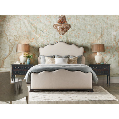 Charleston Upholstered Bed by Hooker Furniture in chateau linen and black cherry. Made from cherry veneers, fabric in a transitional style.