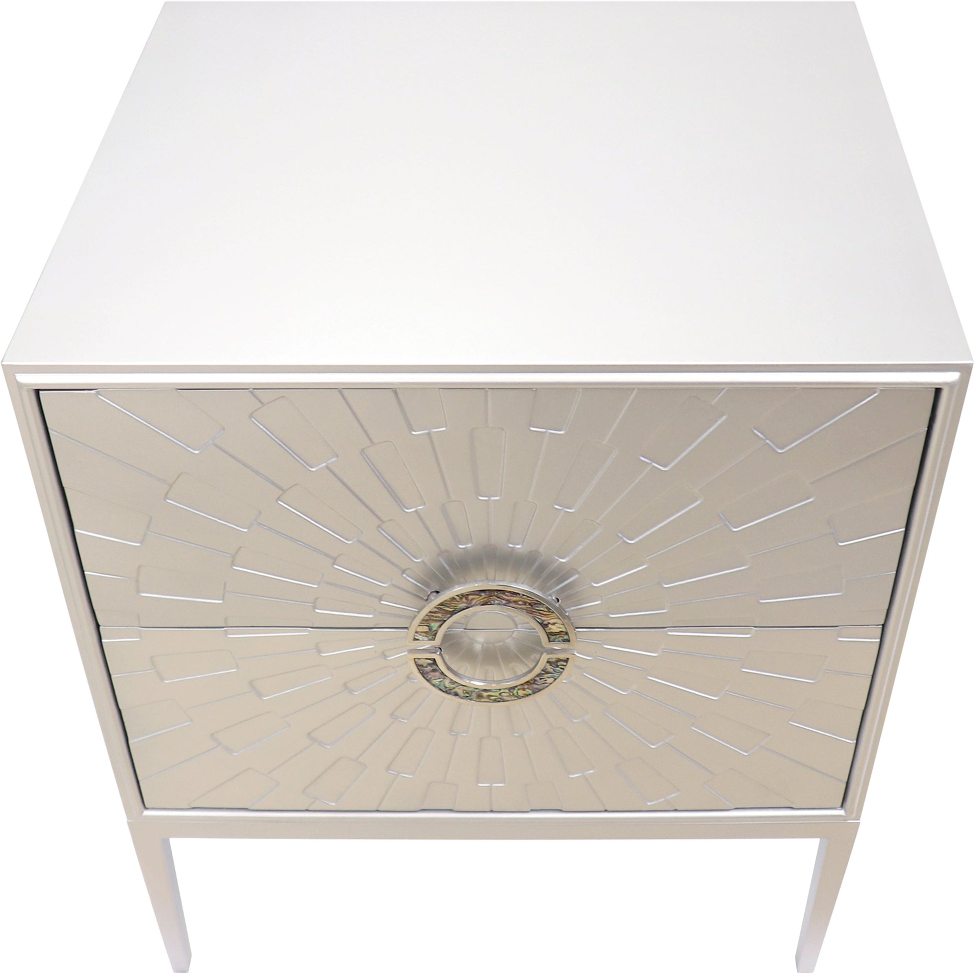 Luna Nightstand by Pasargad Home in silver. Made from wood, metal in a modern style.