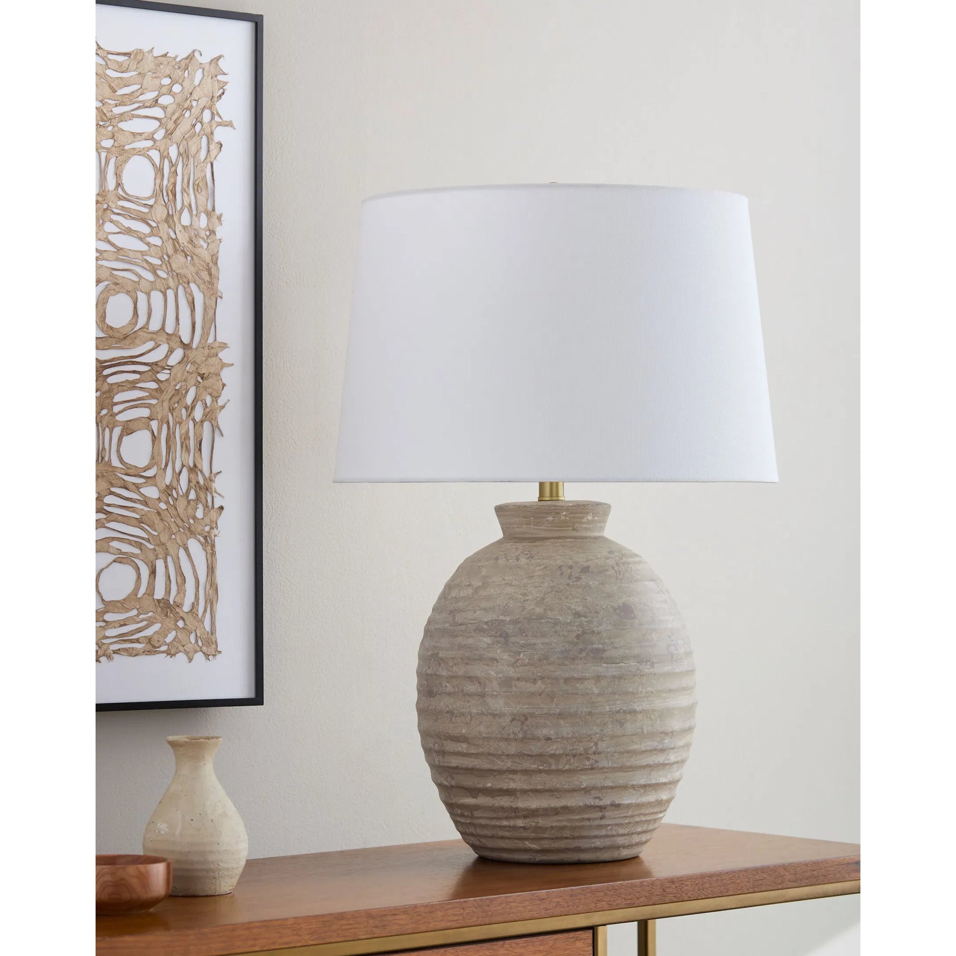 Hudun Accent Table Lamp by Surya in beige, gray. Made from polyester in a unique style.