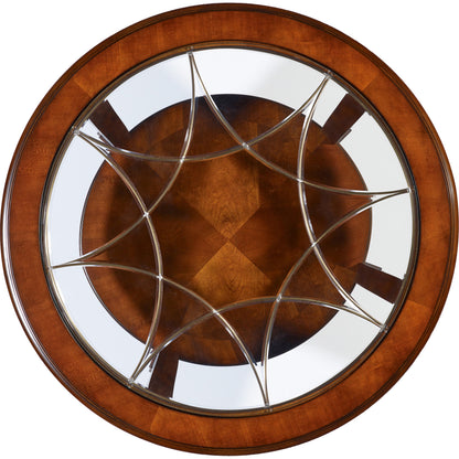 Brookhaven Round Cocktail Table by Hooker Furniture in cherry. Made from cherry veneers, glass in a traditional style.