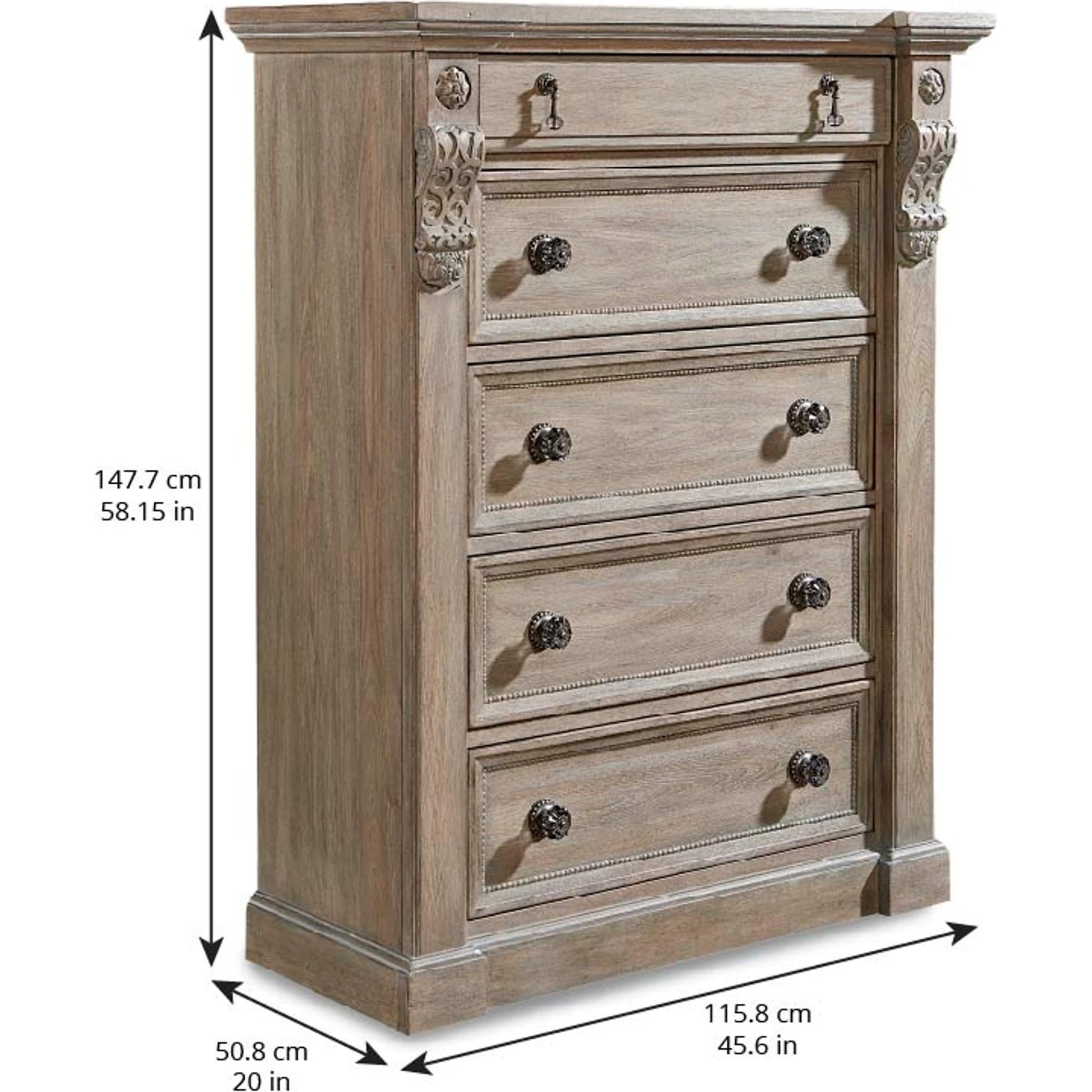 Arch Salvage Jackson Drawer Chest by A.R.T. Furniture in brown and parch. Made from parrawood solids, cathedral elm veneers in a traditional style.