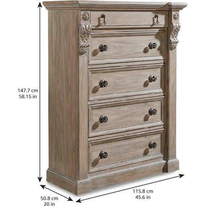 Arch Salvage Jackson Drawer Chest by A.R.T. Furniture in brown and parch. Made from parrawood solids, cathedral elm veneers in a traditional style.