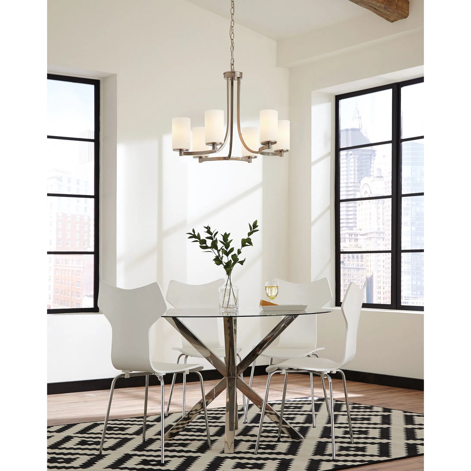 Hettinger Six Light Chandelier by Visual Comfort & Co. in brushed nickel. Made from steel in a unique style.
