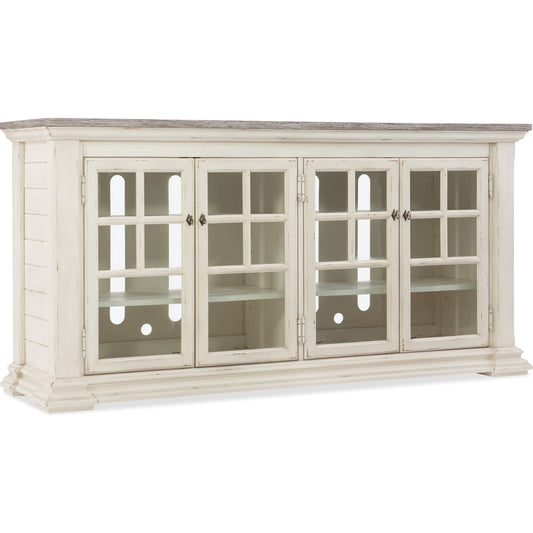 Lagunitas Entertainment Console by Hooker Furniture in white. Made from oak veneers in a coastal style.