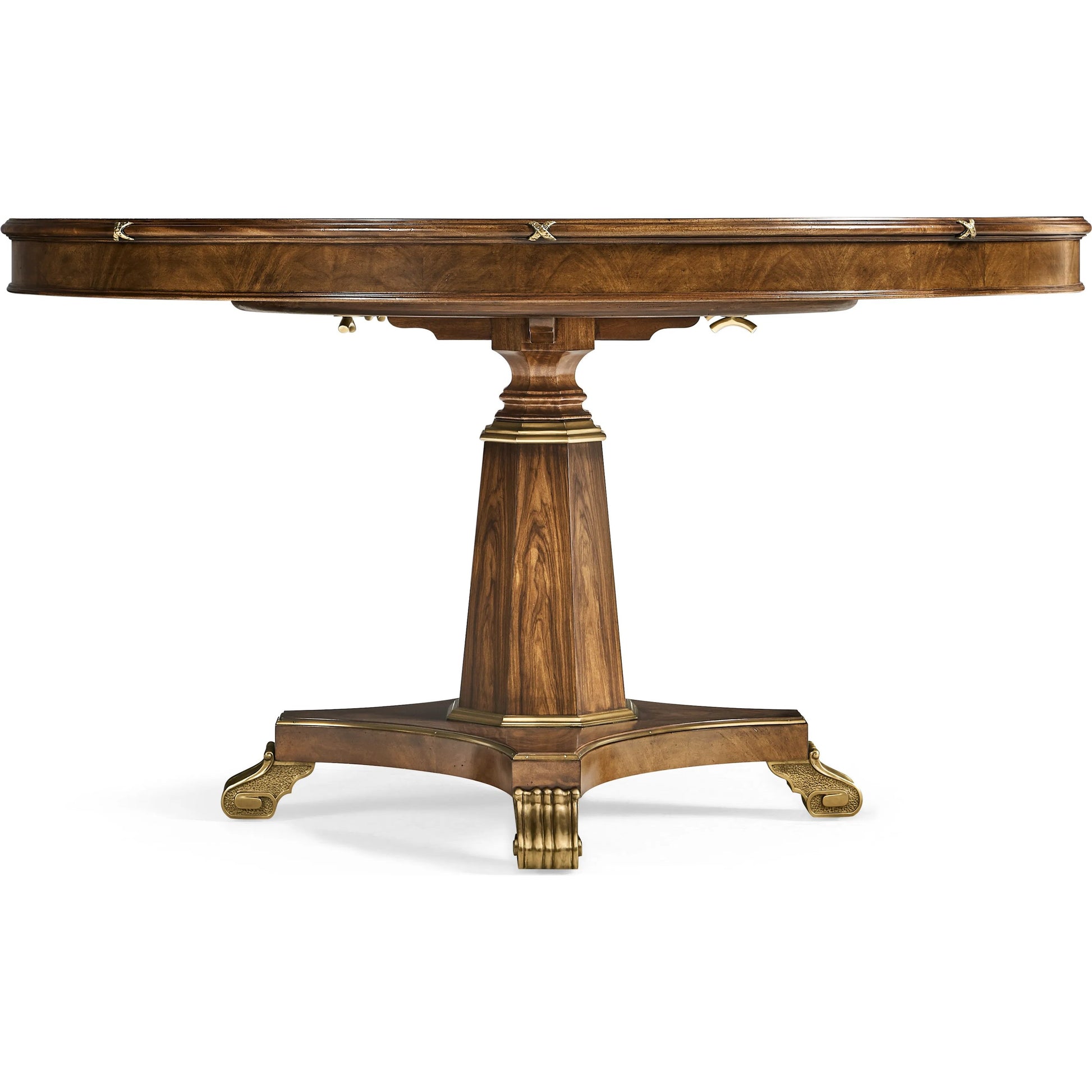 Viceroy Round Dining Table by Jonathan Charles in brown and santos brown, antique brass. Made from mahogany, cerejeira veneers, santos rosewood crown veneers, brass in a traditional style.