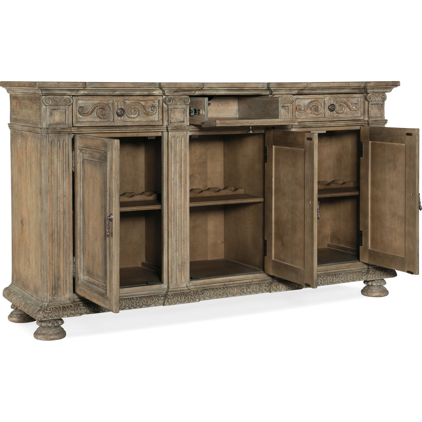 002 SI-1748572 | Additional Silo | Castella Credenza by Hooker Furniture in antique slate. Made from quartered walnut, quartered black walnut, quartered ash, maple veneers in a traditional style.